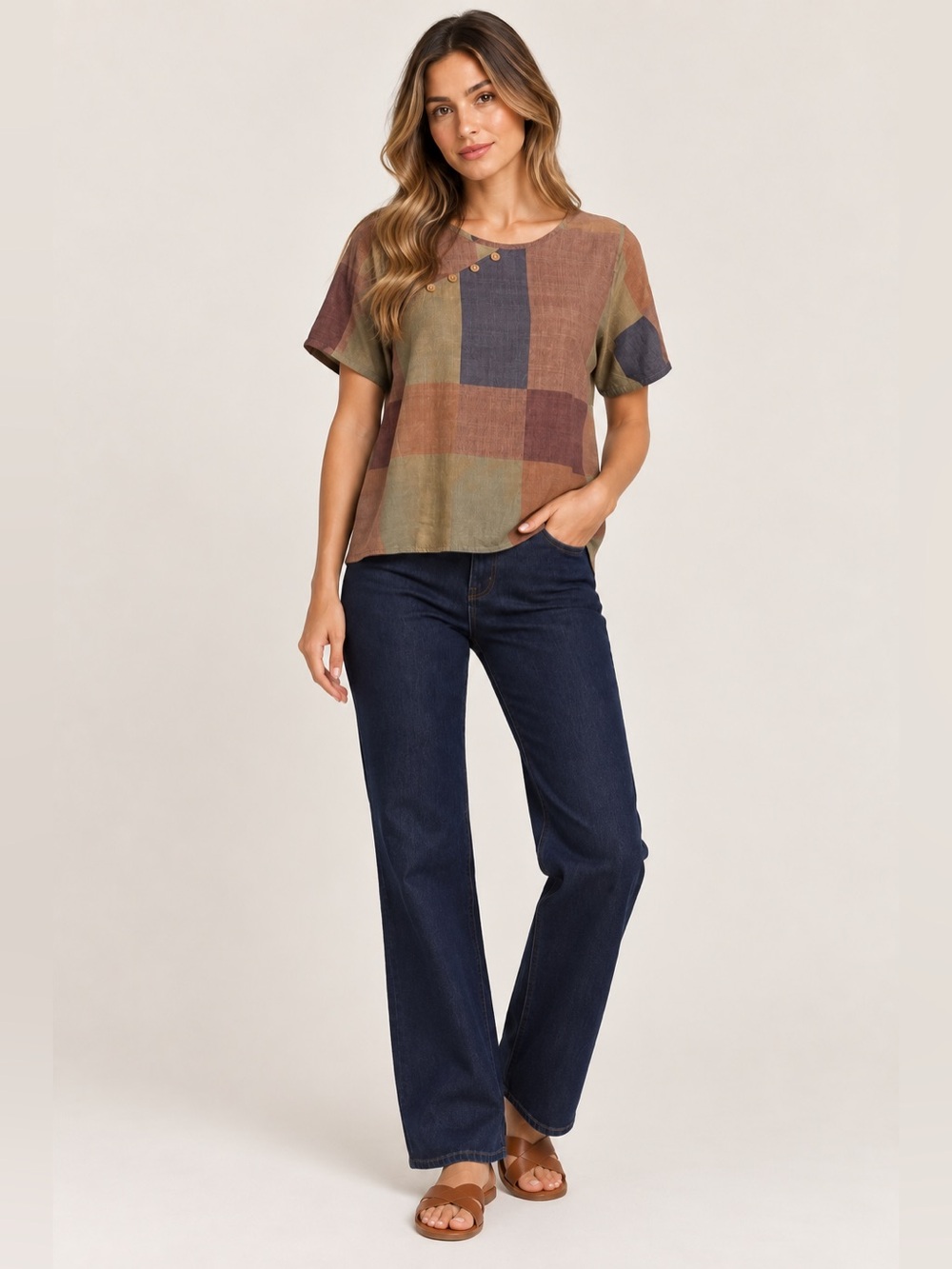 Emery Rose Earth Tone Patchwork Plaid Shirt